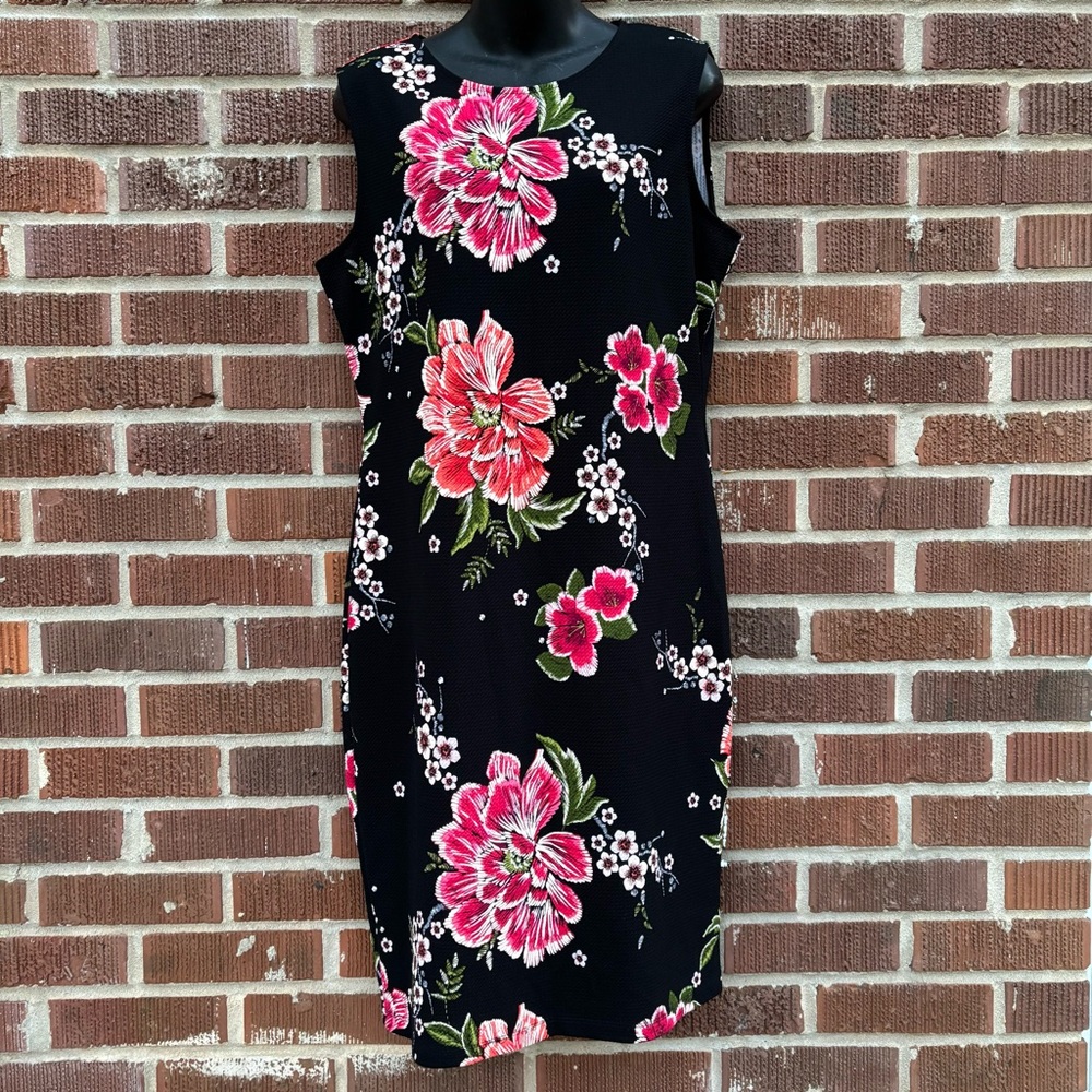 Olivia Matthews Sheath Dress Womens Sz L Black Red Floral Sleeveless Bodycon